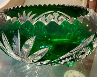 Emerald Green Cut to Clear Crystal Bowl