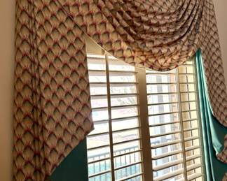 Custom Drapery Cornice with Swag and Jabot in Geometric Feather or Scale Pattern