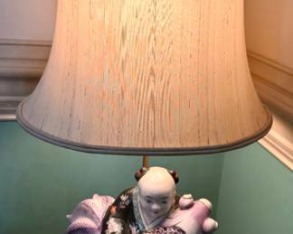 Chinese Famille Rose Porcelain Figurine of a Boy with Koi Fish Table Lamp
