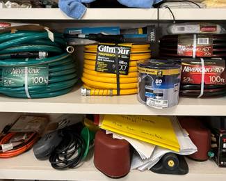Assorted Garden Hoses (NeverKink, Gilmour), Extension Cords andTEKTON Rubber Mallet