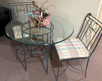 Wrought Iron Bistro Set with Glass Top and Two Chairs with Plaid Cushions