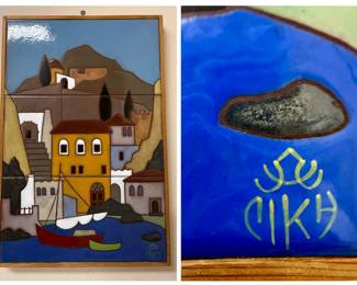 Tile Art Panel Depicting a Mediterranean Village Scene