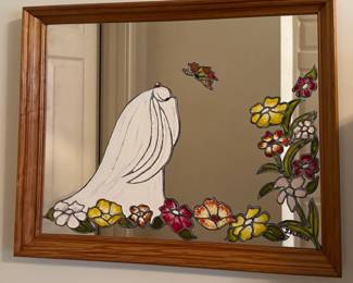 Stained Glass Mirror with Bride and Butterfly by J. Flobeck