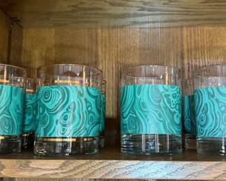 Malachite Pattern Glass Tumblers with Gold Rim