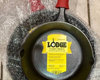 Lodge Cast Iron Skillets with Red Silicone Handle Holders