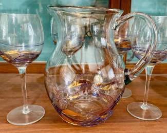 Mosaic Pitcher and Glasses with Gold and Blue Swirl Decoration