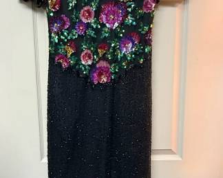 Lawrence Kazar Beaded Silk Floral Dress