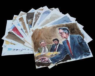 Set Of 12 Watercolor Courtroom Scene Paintings By Barbara Maxwell