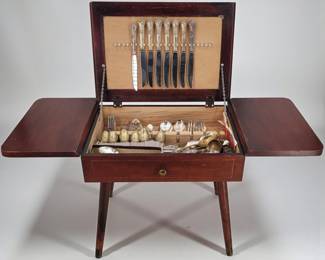 Antique Silver Plated Flatware And Drop Leaf Storage Table NEEDS REPAIR