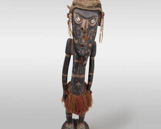 Large Antique Papua New Guinean Carved Wood Tribal Ancestor Figure With Headdress, Sepik River