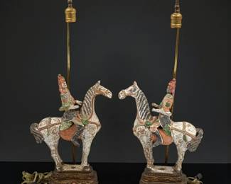 A Pair Of Vintage Chinese Ceramic Horsemen Lamps, Tang Dynasty Style