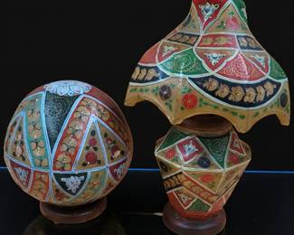 Pair Of Vintage Hide Leather Hand Painted Lamps