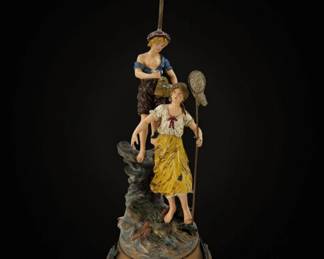 French-Signed L Moreau Painted Spelter Figural Lamp