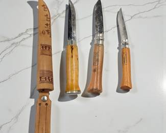 Lot Of 3 Vintage European Knives, Two French Folding Pocket Knives And A Finnish Lisakki Jarvenpaa