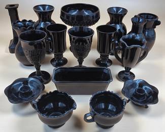 17Pc Lot Of Black Amethyst Glassware