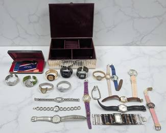 21-Piece Lot Of Vintage Wrist Watches, Appears Mostly Female, With Jewelry Box