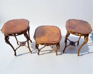 Set Of 3 Antique Victorian Hand Carved And Inlaid Lamp Tables