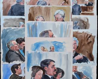 Set Of 15 Watercolor Courtroom Scene Paintings By Barbara Maxwell "McCorkle Trial And Sentencing"
