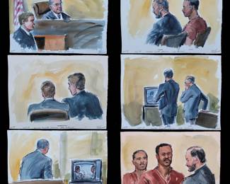Set Of 6 Watercolor Courtroom Scene Paintings By Barbara Maxwell "Sammy Smith Hearing"