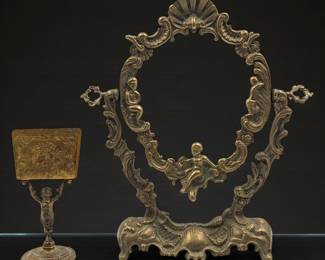Pair Of Vintage Art Nouveau Brass Pieces, Swivel Vanity Mirror Frame And A Cherub Letter Holder