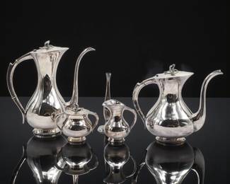 Mid-Century Modern 925 Sterling Silver 4-Piece Tea Set And A Silver-Plated Candlestick, 2065 Grams