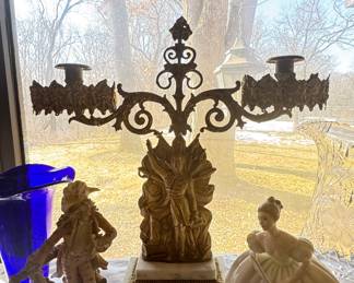 Victorian Bronze Girandoles: Anqitique marble Base Candlestick Pair