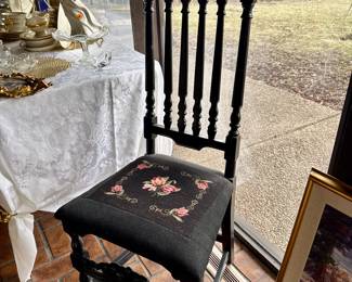 Black Lacquer Antique Victorian/Eastlake Style Chair with Needlepoint Seat