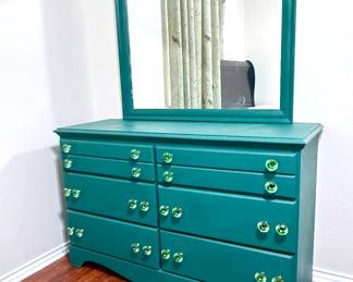 Vtg Wood Dresser By Carolina Furniture Works USA - Green w/ Jewel Knob Hardware