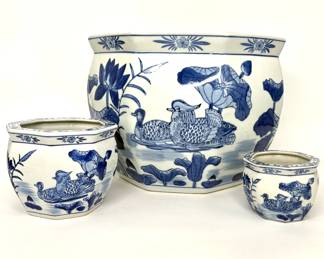 Lot of 3 Blue and White Porcelain China Bird Planters