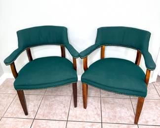 Vintage Wood Green Upholstered Captain's Chairs With Nailhead Trim