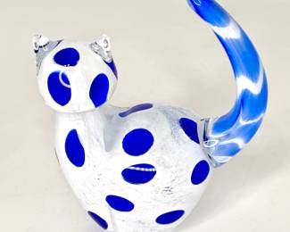 Blown Glass Blue Polka Dot Cat
