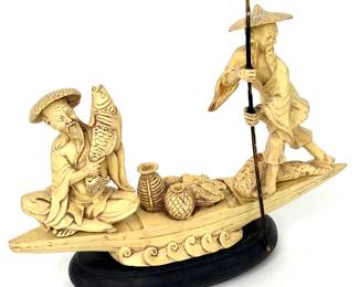 Vintage 2 Chinese Fishermen on a Boat Resin Sculpture