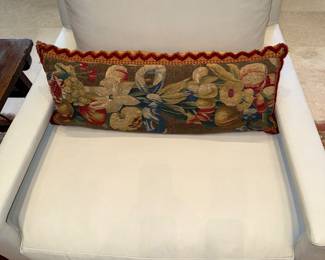 pair of chairs with antique Aubusson pilows