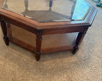 HEXAGONAL WOOD COFFEE TABLE WITH GLASS TOP & WICKER BOTTOM