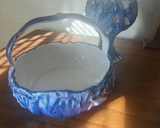 Blue and White Swirl Ceramic Basket and Pedestal Vase