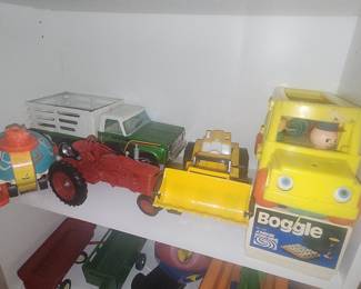 Vintage Toy Lot: Case Tractor, Livestock Truck, Bulldozer, and Boggle Game