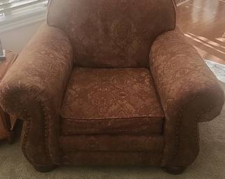 Upholstered Armchair with Damask Pattern and Nailhead Trim
