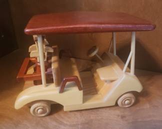 Handcrafted Wooden Golf Cart Model with Golf Bags