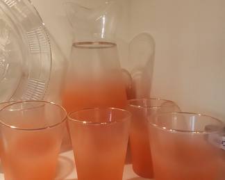 Vintage Blendo Frosted Orange Glass Pitcher and Tumbler Set with Gold Rim