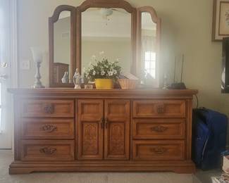 Oak Dresser with Tri-Fold Mirror
