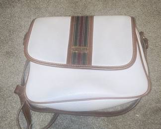 Carryland White Faux Leather Crossbody Bag with Brown Trim and Vertical Stripes