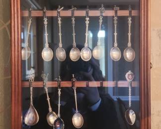 Collection of 12 Decorative Souvenir Spoons in Wooden Display Case