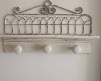 Distressed White Wood and Metal Wall Shelf with Hooks