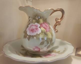 Lefton Heritage Green Hand-Painted Rose Pitcher and Bowl Set