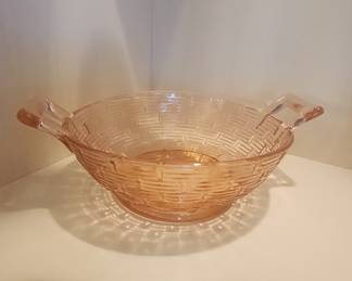 Pink Depression Glass Basket Weave Bowl with Applied Handles
