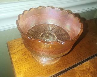  Carnival Glass "Peacock Tail" Footed Bowl
