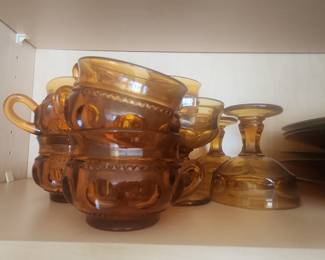 Indiana Glass King's Crown Thumbprint Amber Glass Dessert Bowls and Cups