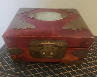 Vintage George Zee Chinese Rosewood Jewelry Box with Jade Inlay and Brass Fittings