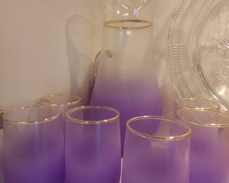 Vintage Purple Ombre Frosted Glass Pitcher and Tumbler Set with Gold Rim - Blendo Style