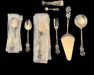 800 Silver - Rose Pattern (new in bags) - 8 spoons and forks, pie server, serving spoon, salt cellar spoon, and sugar tongs